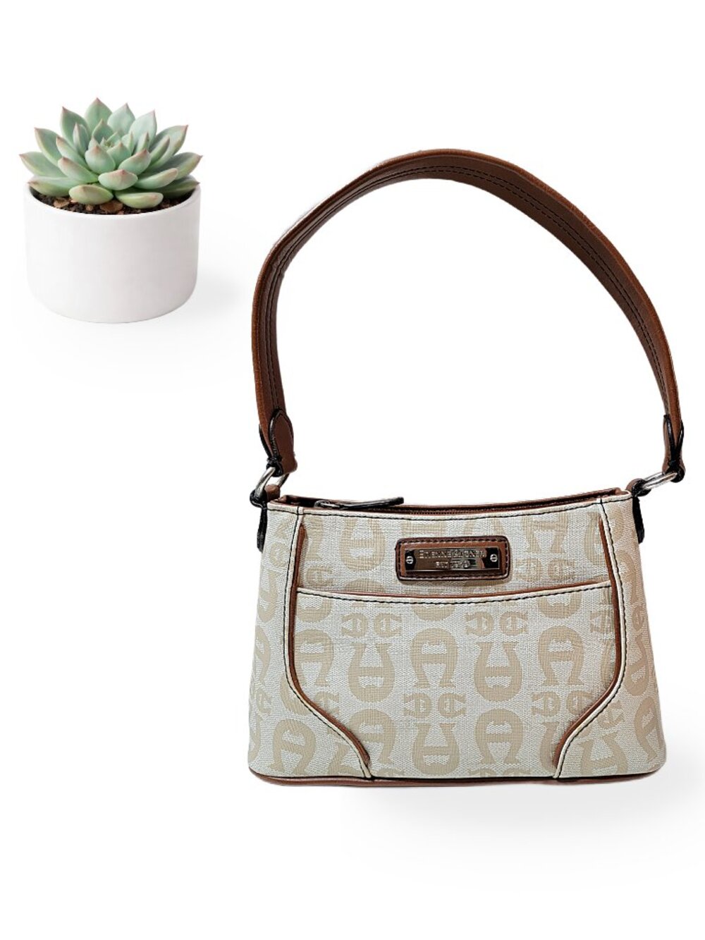 Etienne Aigner Logo Canvas Brown Trim Shoulder Bag